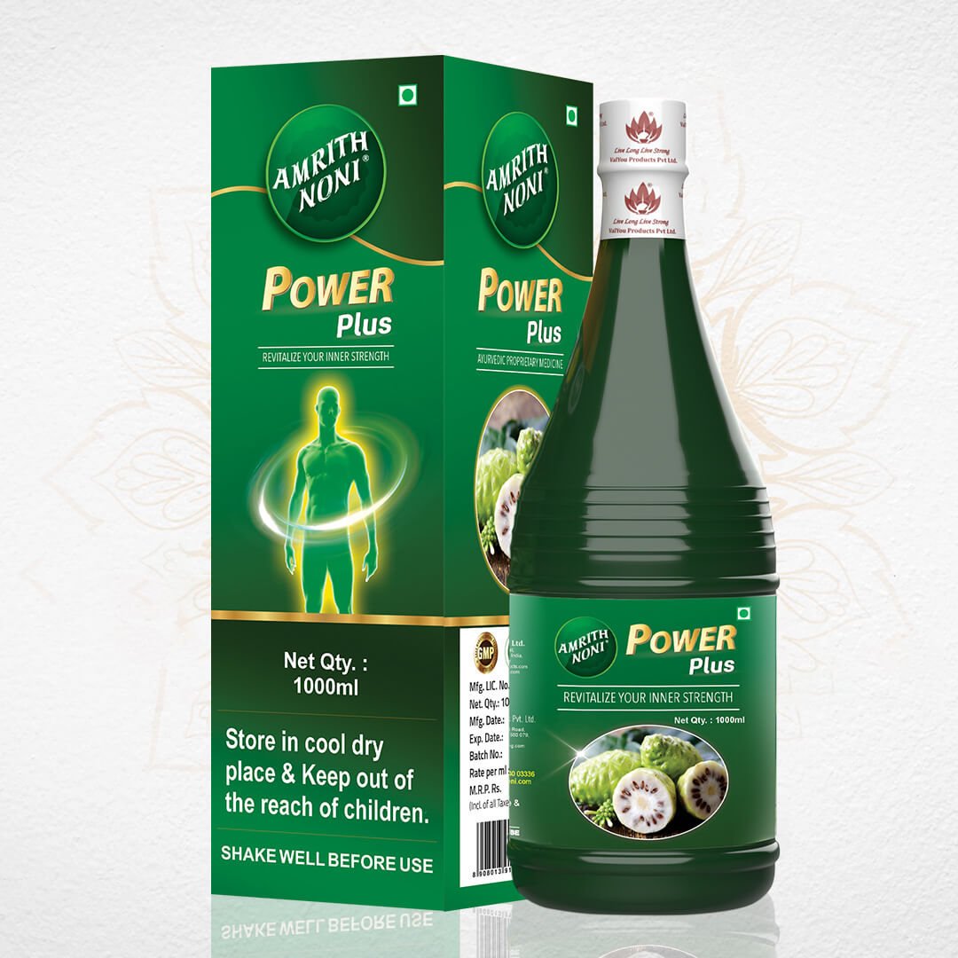 Packaging of Amrith Noni Power Plus 500ml bottle shown against a light background