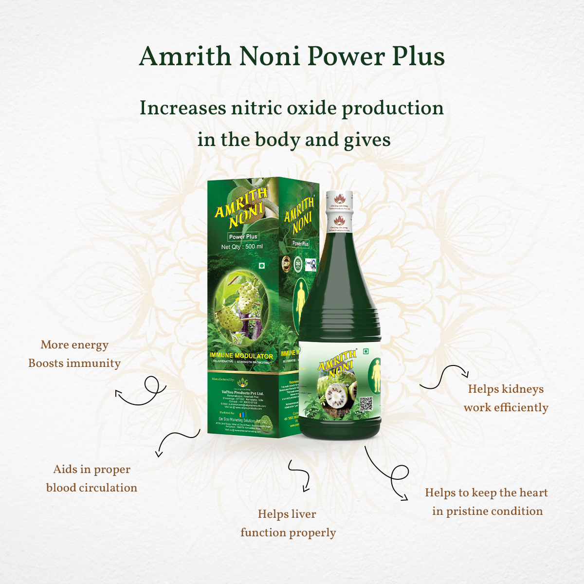 Amrith Noni Power Plus packaging and bottle displayed with benefit text on a white background