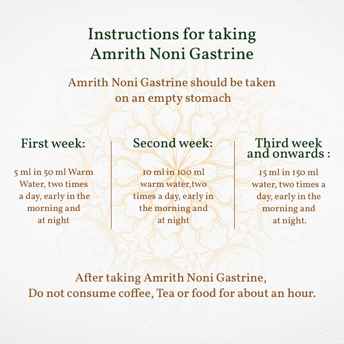 How to take Amrith Noni Gastrine with dosage information shown on a white background