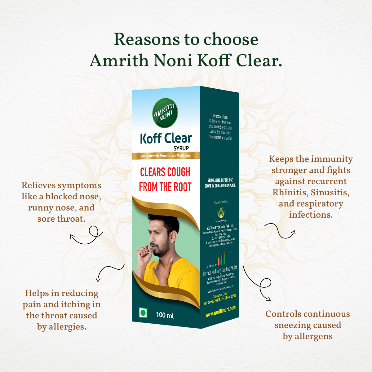 Reasons to choose Amrith Noni Koff Clear Syrup displayed with product packaging and four benefit points