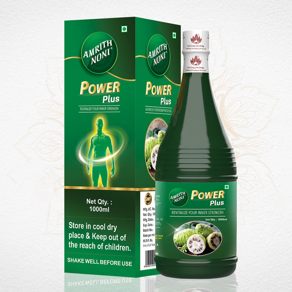 Packaging of Amrith Noni Power Plus 500ml bottle shown against a light background