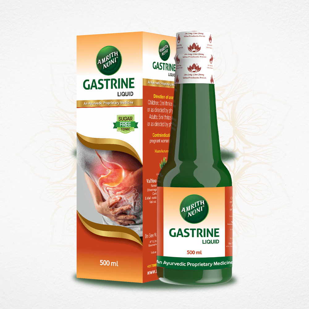 Amruth Nitya Gastrine Liquid packaging and bottle on a white background