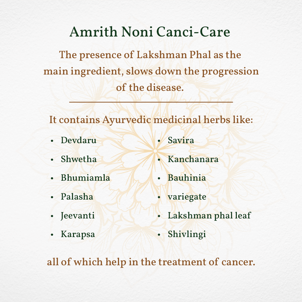 
                  
                    Promotional text about Amrith Noni Canci-Care with Ayurvedic herbs listed on a light background
                  
                