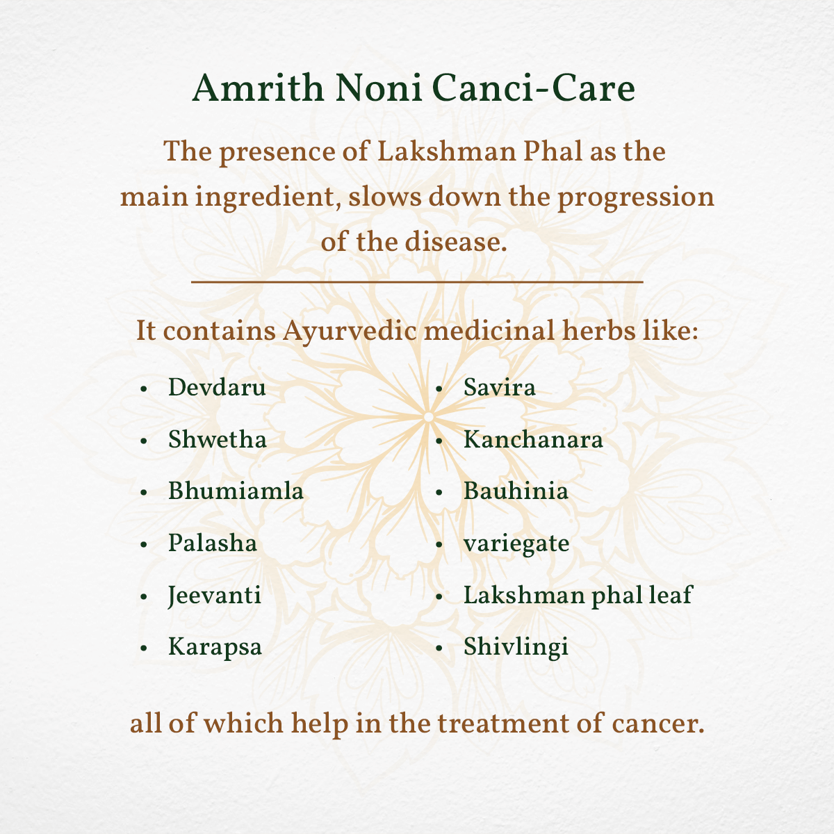 
                  
                    Promotional text about Amrith Noni Canci-Care with Ayurvedic herbs listed on a light background
                  
                