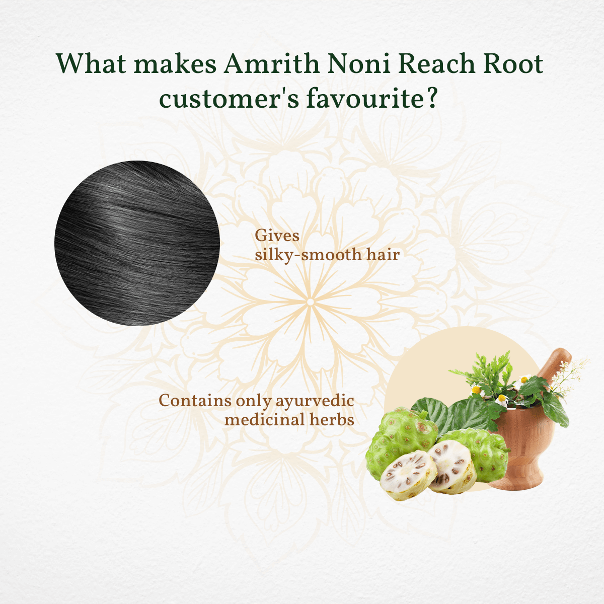 
                  
                    Advertisement for Amrith Noni Reach Root hair product with text and images of hair and noni fruit.
                  
                