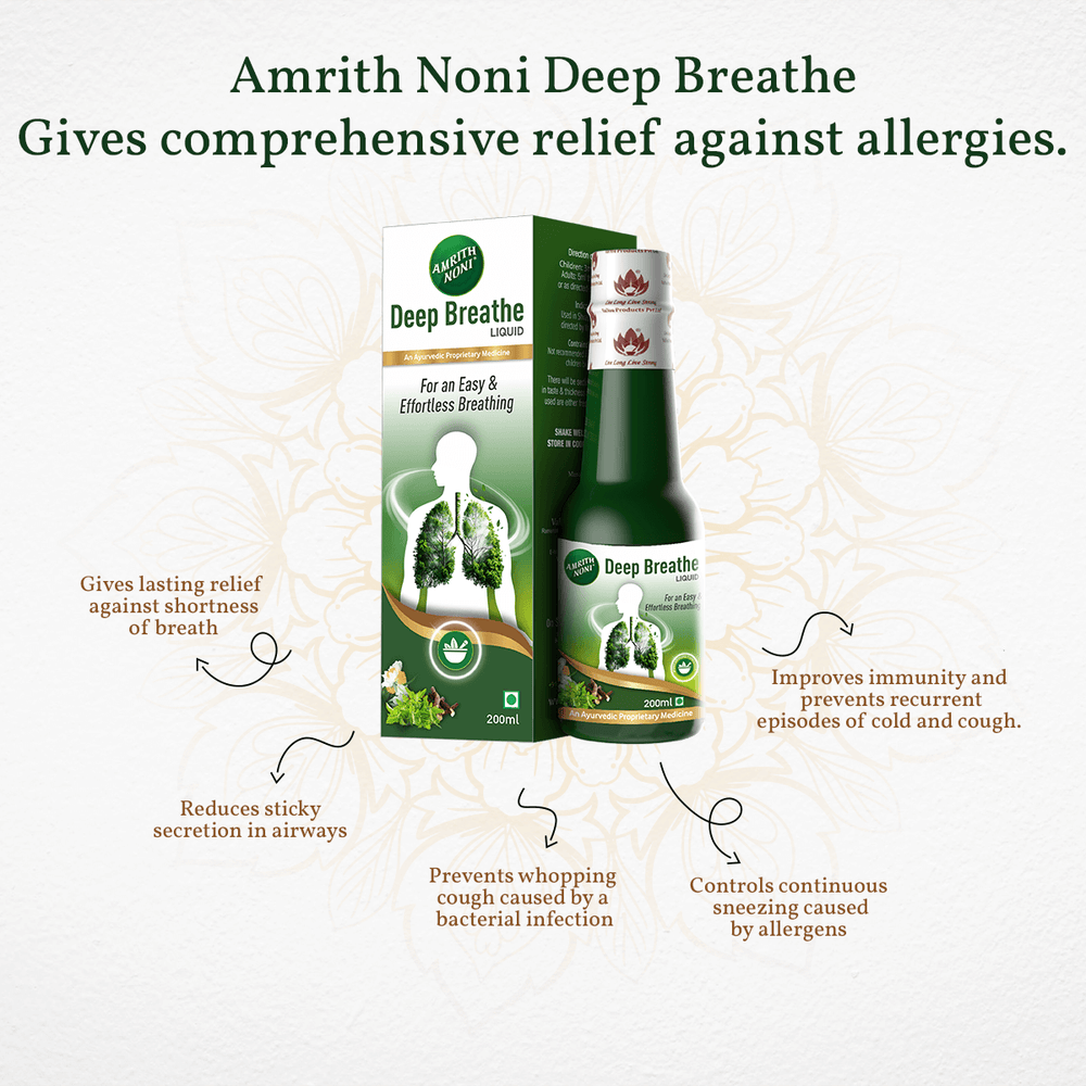 
                  
                    Amrith Noni Deep Breathe product packaging with text highlighting its benefits against allergies.
                  
                