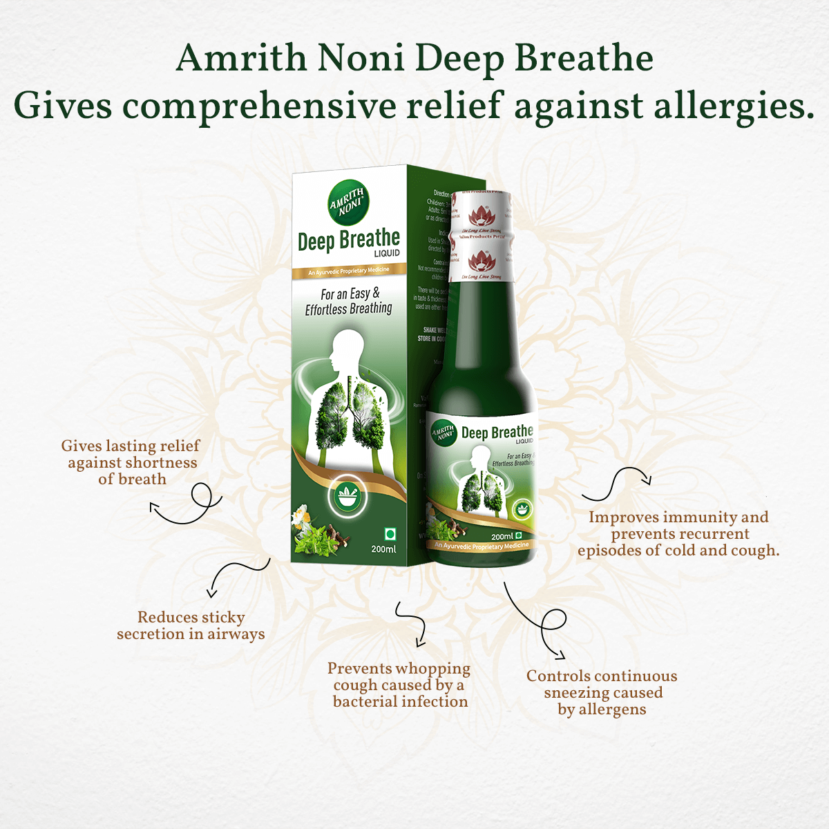 
                  
                    Amrith Noni Deep Breathe product packaging with text highlighting its benefits against allergies.
                  
                
