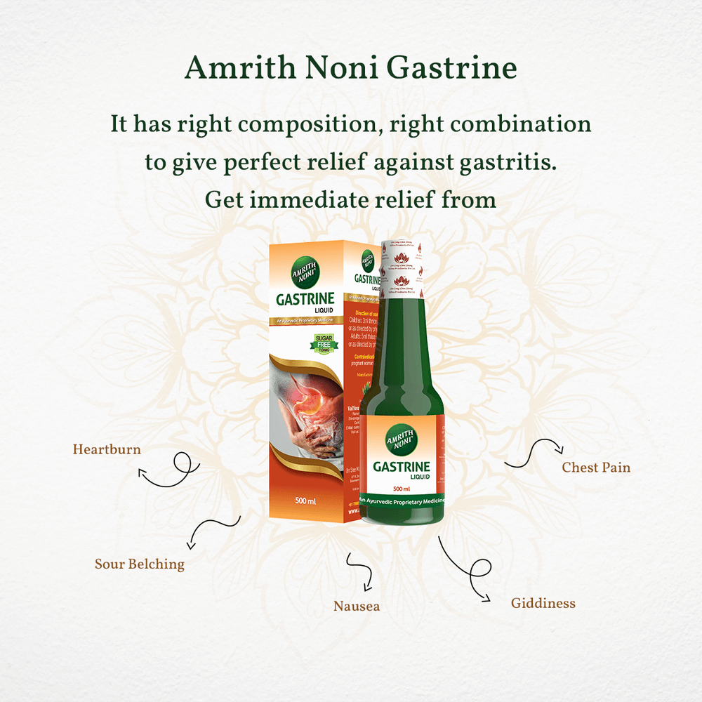 
                  
                    Amrith Noni Gastrine packaging with text highlighting its benefits against gastritis symptoms.
                  
                