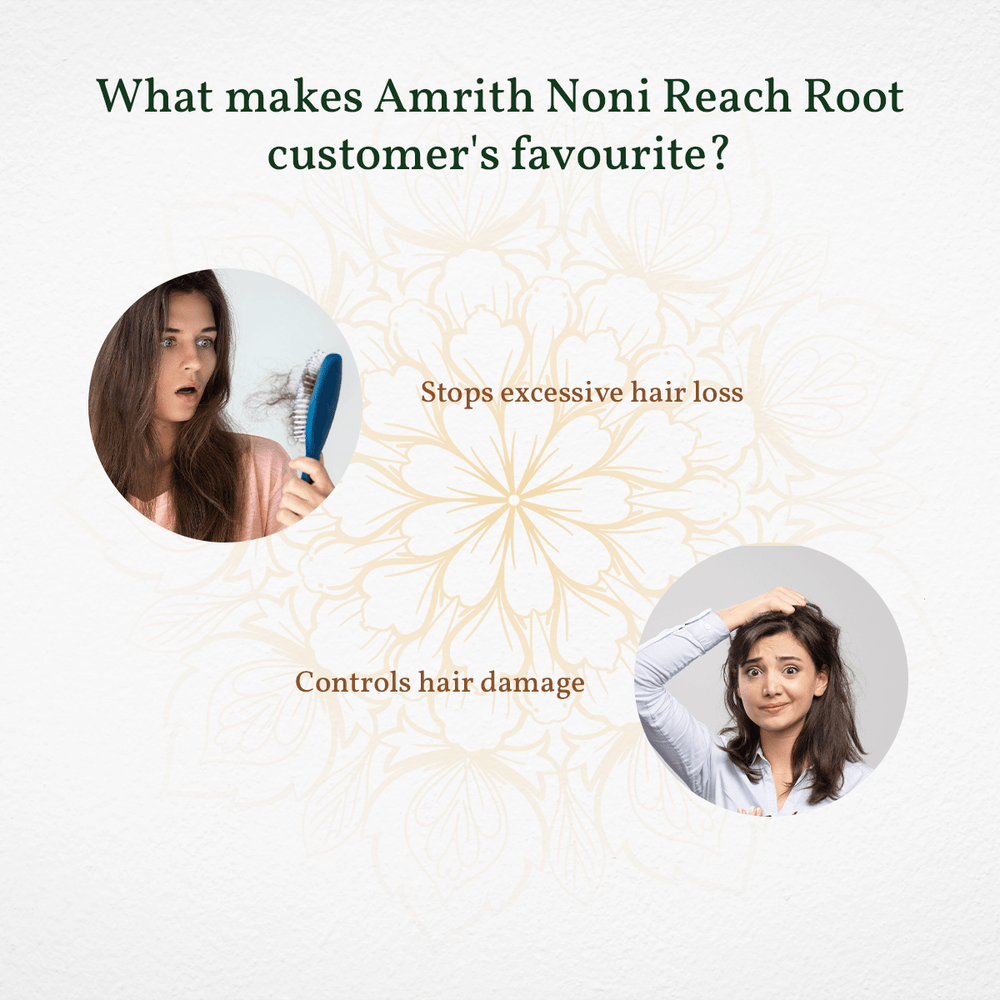 
                  
                    Promotional graphic for Amrith Noni Reach Root with images of a woman using the product and text highlighting its benefits.
                  
                