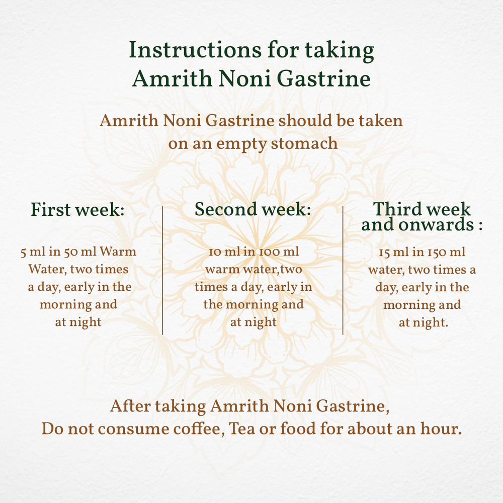 
                  
                    Instructions for taking Amrith Noni Gastrine with dosage details on a white background.
                  
                