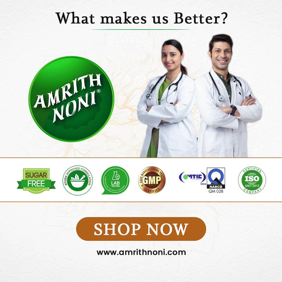 
                  
                    Advertisement for Amrith Noni with two doctors and certification logos on a white background
                  
                