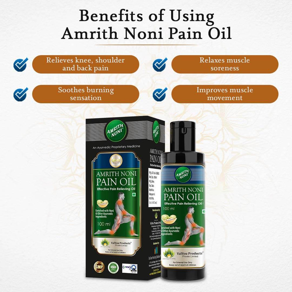 
                  
                    Amrith Noni Pain Oil packaging with benefits listed on a white background
                  
                