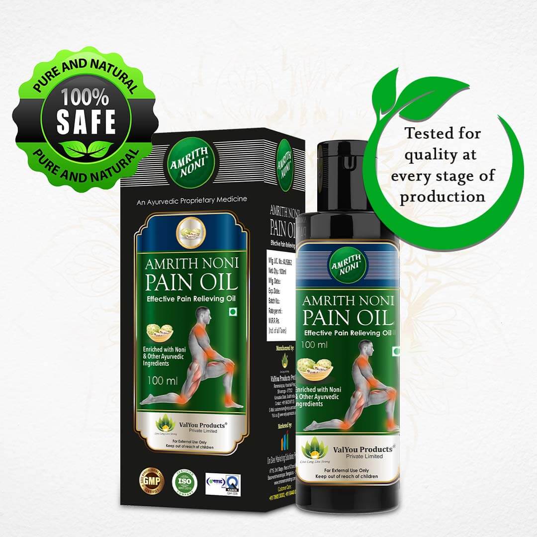 
                  
                    Amrith Noni Pain Oil packaging with bottle and box on a white background
                  
                