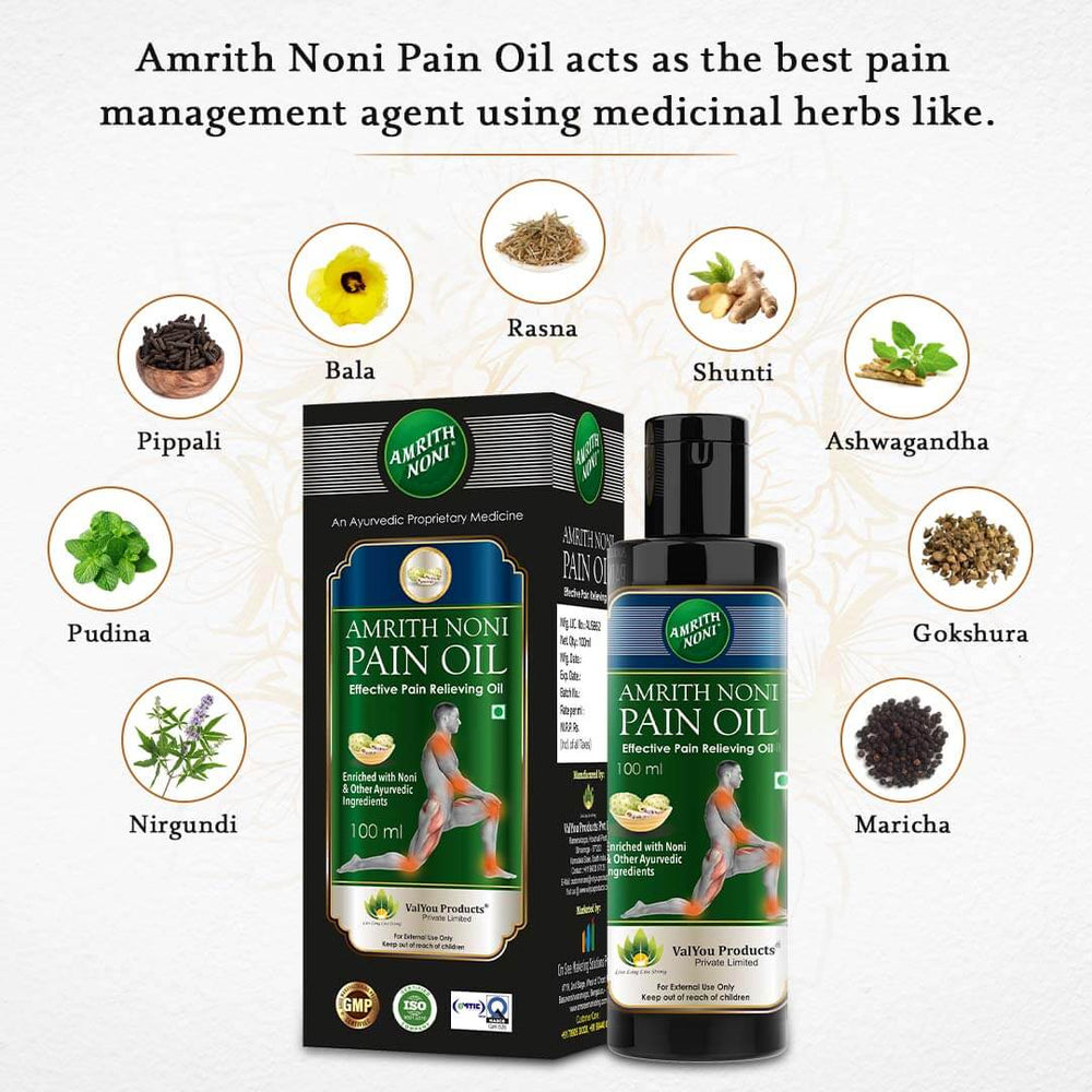 Amrith Noni Pain Oil packaging with medicinal herbs on a white background