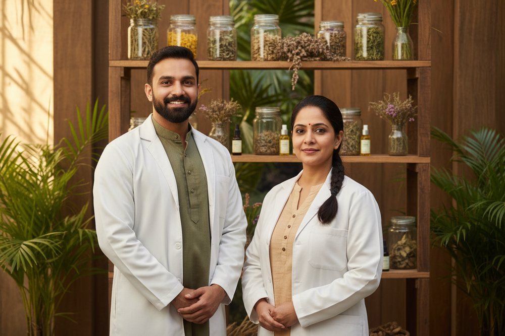 create a wellness expert an ayurvedic doctor male and female image