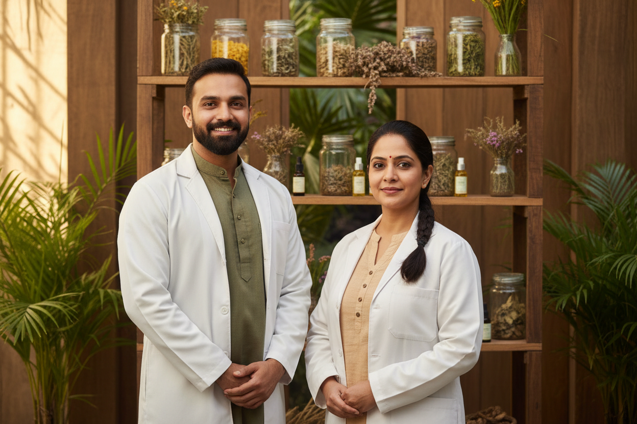 create a wellness expert an ayurvedic doctor male and female image